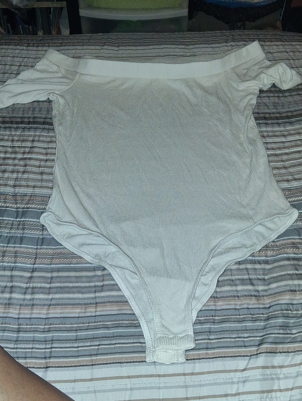 Ambiance Cream Ribbed Off-Shoulder Bandeau Bodysuit